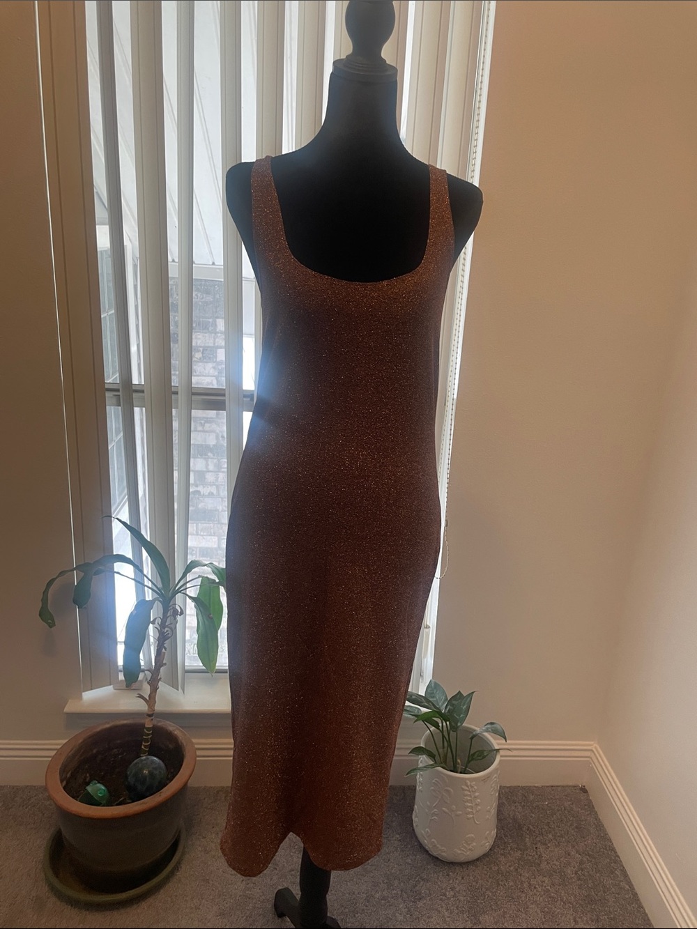 Forever 21 Shimmery Copper-Brown Scoop Neck Midi Dress